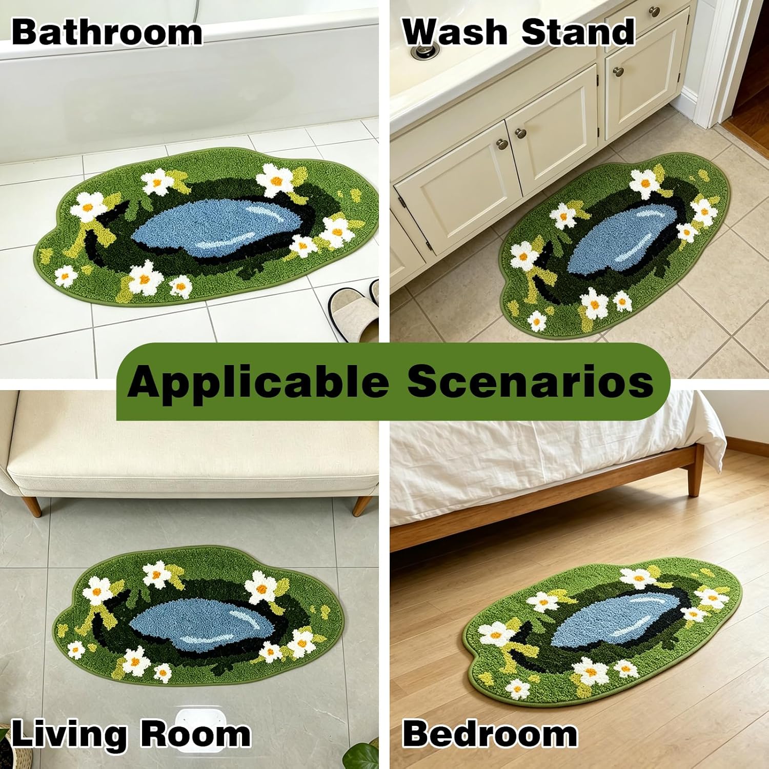 Pond Floral Microfiber Bathroom Rugs 28''x13'', Green Garden Flower Soft Absorbent Bath Mat Non-Slip Rubber Backing, Spring Summer Washable Bath Rug for Shower Floor Bathtub Bedroom Home Decor
