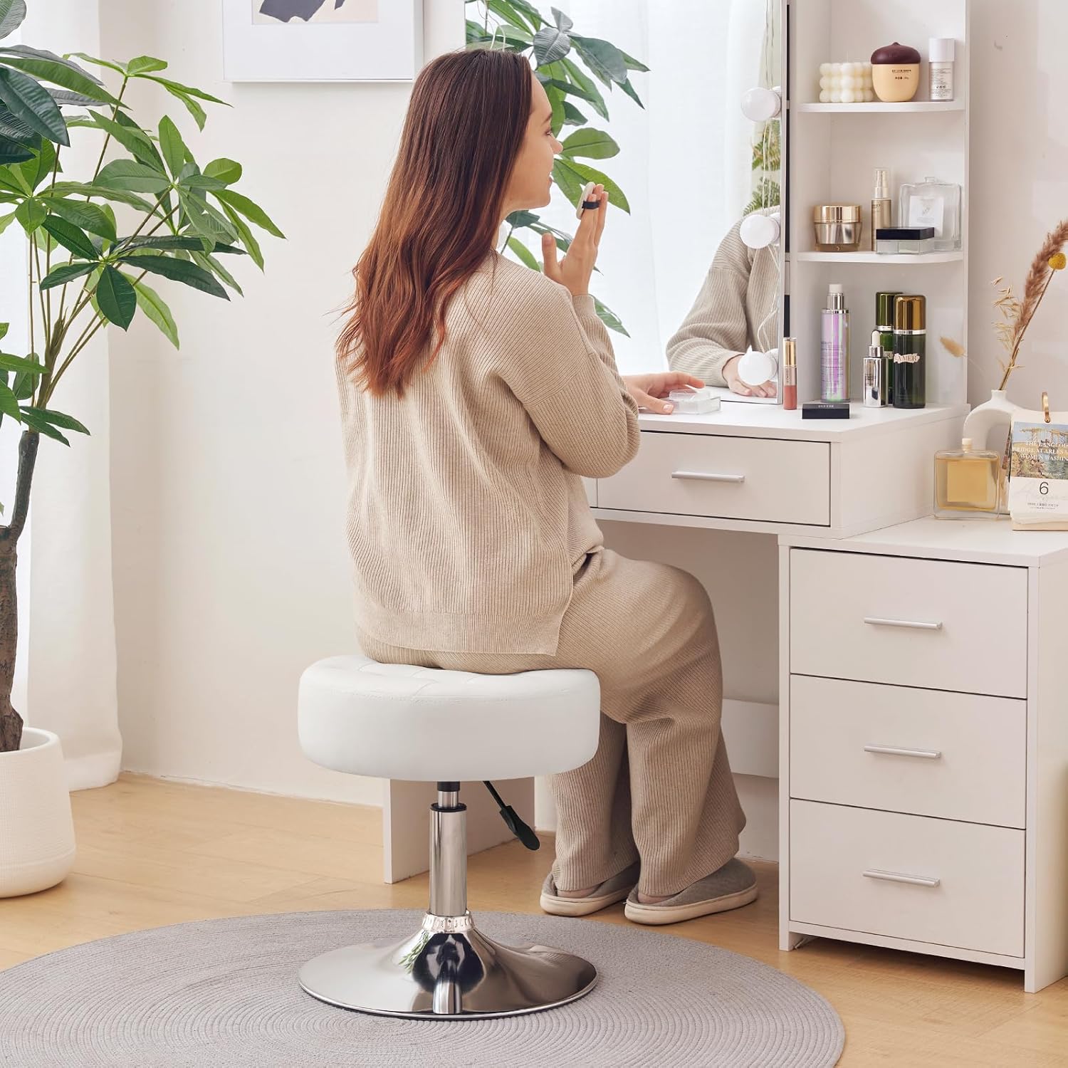 Mid-Century Tufted Adjustable Swivel Makeup Ottoman Stool; Modern Big Size Round Vanity Stool Chair for Bedroom Living Room (White)