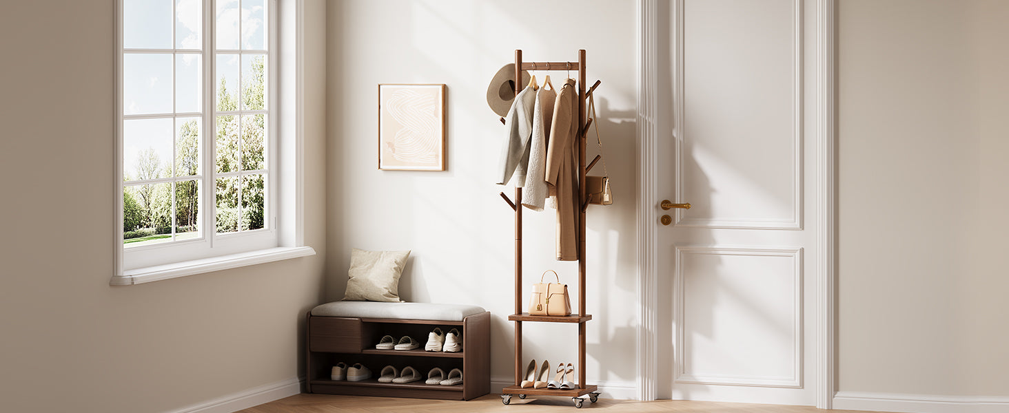 Solid Wood Coat Rack Freestanding - Rolling Clothes Rack with 8 Hooks & Shelves, Small Clothing Rack with Wheels, Heavy Duty Clothing Racks for Hanging Clothes, Portable Hall Tree for Entryway
