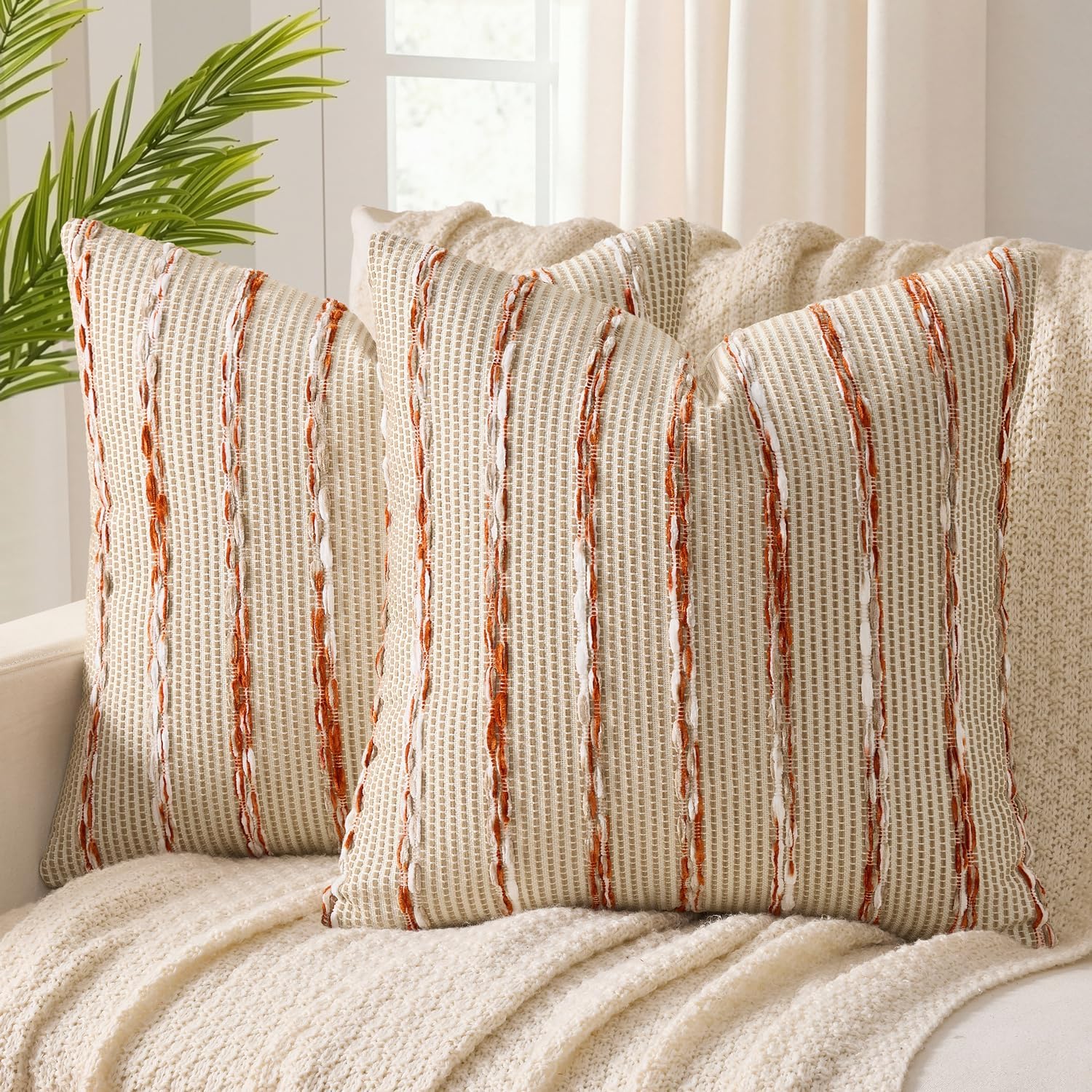 ANRODUO Pack of 2 Boho Decorative Throw Pillow Covers 18x18 Farmhouse Cushion Case Striped Chenille Pillow Cases Square Pillow Covers Accent Neutral Pillowcase for Sofa Couch Bed, Olive Green Stripe
