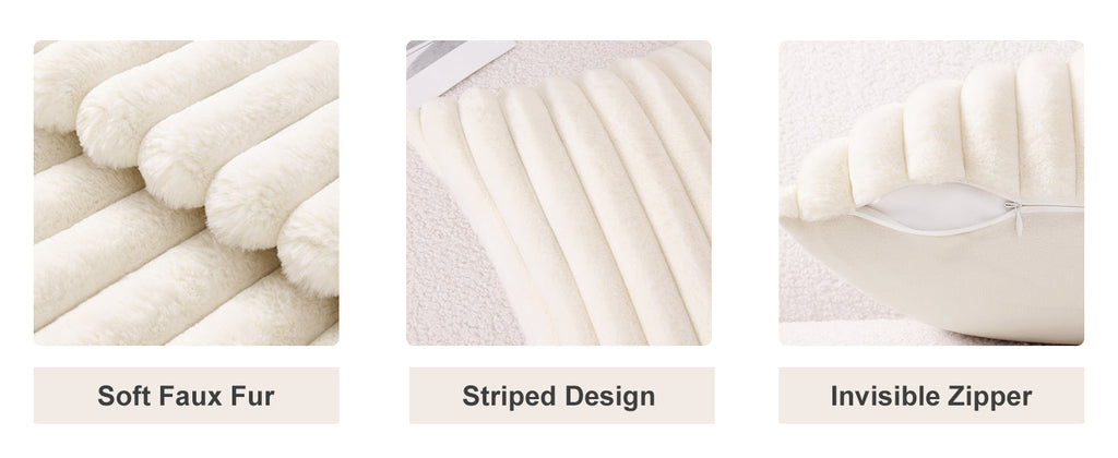 Pallene Faux Fur Plush Throw Pillow Covers 18x18 Set of 2, Luxury Soft Fluffy Striped Decorative Pillow Covers for Sofa, Couch, Living Room, Cream White