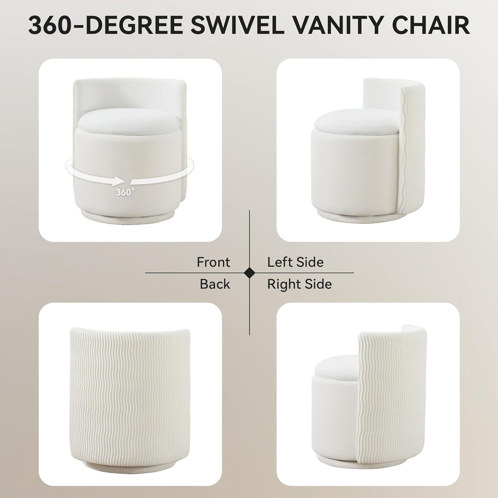 Velvet Vanity Chair with Storage, 360° Swivel Makeup Chair with Wave Back, No Assembly Small Accent Stool for Bedroom, Dressing, Living Room, White