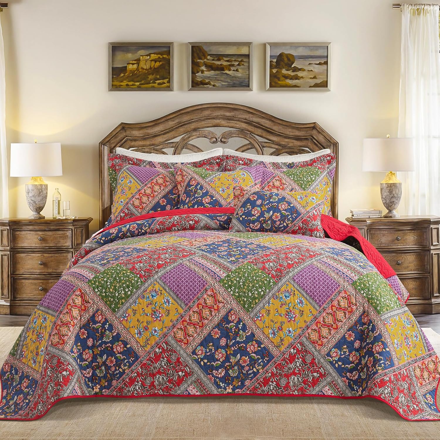 Farmhouse Cotton Quilts Queen Size for Fall - Lightweight Patchwork Autumn Bedspread Set for Bed Coverlet - Highly-Woven Soft Reversible Bed Spread for All Seasons (Floral Orange) 3 Pieces