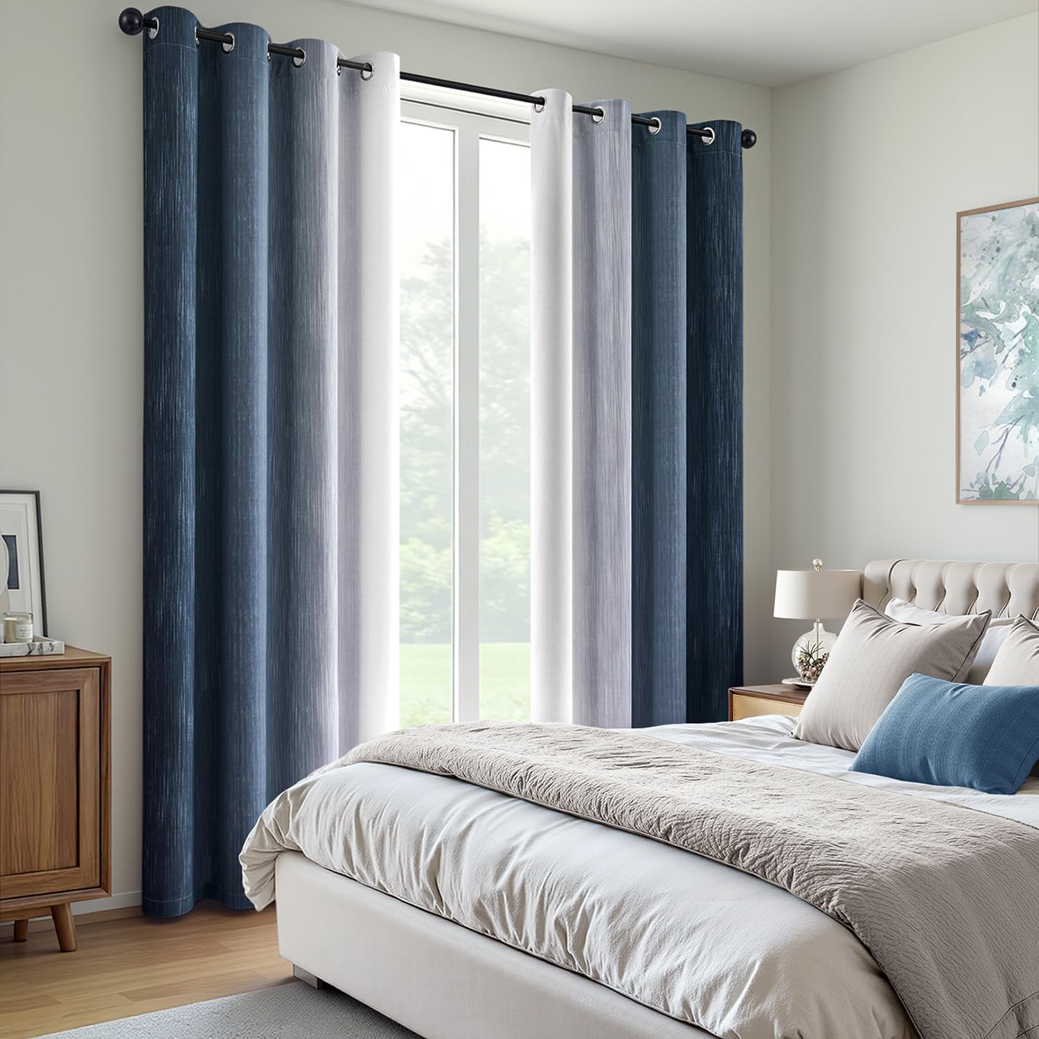 Ombre 100% Blackout Curtains, Navy Blue and Greyish White Full Room Darkening Thermal Insulated 84 Inches Long Drapes for Bedroom/Living Room Grommet Window Treatments Modern 52Wx84L, Set of 2