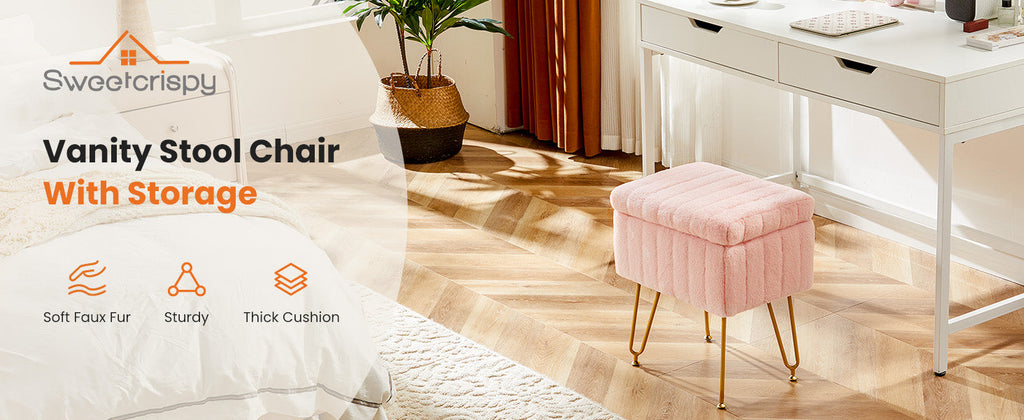 Vanity Stool Chair with Storage, 18.9”H x 16”L x 12.2”W Ottoman Chair Faux Fur Soft Padded Makeup Footstools Seat with 4 Metal Legs Anti-Slip Adjustable Feet for Make Up, Pink