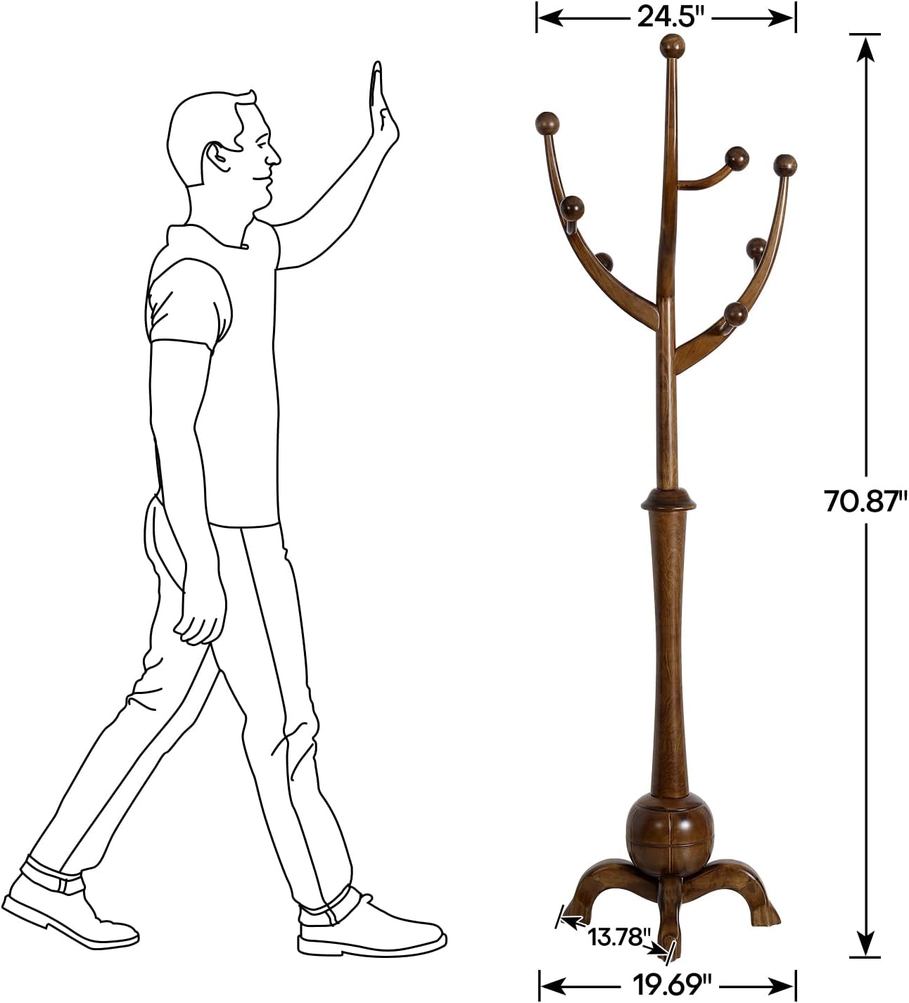 Coat Rack Freestanding Wood Coat Tree Rack with 8 Hooks, Creative Design Tree Branch-look, Standing Coat Rack Clothes Hanger Stand with Stury Base for Entryway, Hallway, Bedroom - Load 160lb (Walnut)